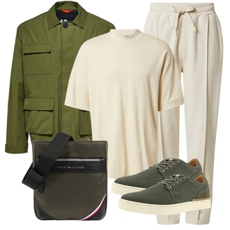 20er Jahre Outfit mit Beige/Khaki Paperbag Hose/Musselin Hose/Bundfaltenhose/Stoffhose/Bundfaltenhose/Jerseyhose/Freizeithose/Schlupfhose/Karottenhose/Bügelfaltenhose about you x kevin trapp "Alltagsoutfit"Look: Rap, Uni, 20er Jahre, Elegant, Outdoor