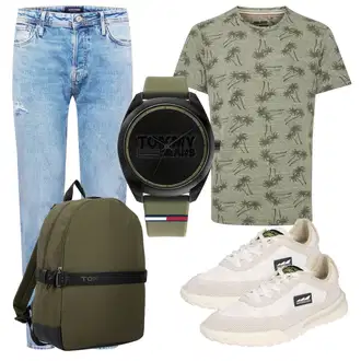 Outfit mit Hellblau/Blau Biker Jeans/Herren Lederjacke/Jeans mit Schlitz/Vintage Jeans/Cropped Jeans/Tapered-Jeans/Dad Jeans/Girlfriend Jeans/Boyfriend Jean Jack & Jones "Alltagsoutfit"