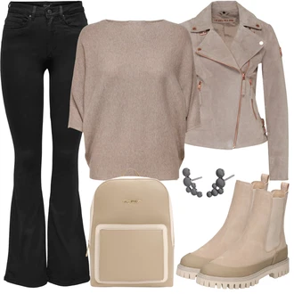 Outfit s Béžová/Khaki/Hnědá Chelsea Boty/Kožená bunda/Plochá Kotníková Bota/Gumová Kotníková Bota Tommy Hilfiger "Podzimní výrazný vzhled"