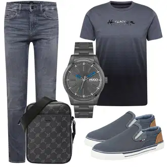 Business Outfits mit Grau/Hellgrau/Dunkelblau/Dunkelgrau Biker Jeans/Sportschuhe/Girlfriend Jeans/Jeans mit Schlitz/Low Rise Jean/Regular-Fit Jeans/Lederjacke/Slim Fit Jeans/Straight Leg Jean/Leder Schuhe/Tapered-Jeans/Thermojeans/Winterjacke/Hose Große Größe Boss "Casual Business Outfit"