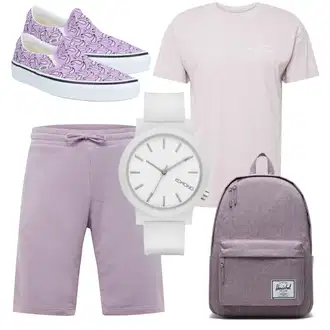 Outfit mit Lila Canvas-Sneaker/Turnschuh ohne Schnürsenkel/Sneaker Mit Lochmuster/Sommer Sneaker Vans "Cool für die Freizeit"