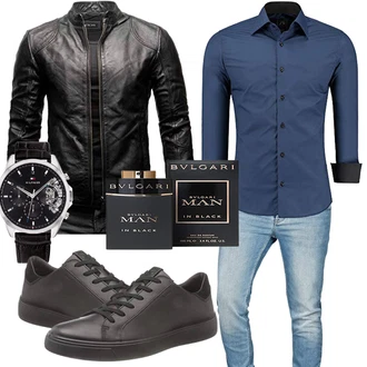 Echtleder Outfit mit Schwarz/Dunkelgrau/Grau Leder Bomberjacke/Vintage Lederjacke/Jacke mit Seitlichem Reißverschluss/KunstLederjacke/Bikerjacke/Motorradjacke Crone "Cool für die Freizeit"