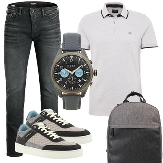 Elegant Outfit mit Dunkelgrau/Grau/Hellgrau Slim Fit Jeans/Winterjacke/Lederjacke/Leder Schuhe/Low Rise Jean/Jeans mit Schlitz/Thermojeans/Herren Lederjacke/Knöchelstiefel/Tapered-Jeans/Damen 7/8-Länge Jeans/Regular-Fit Jeans/Straight Leg Jean Jack & Jones "Cooles Alltagsoutfit"Look: Uni, Schlichte, Old Money, Premium, Smart Casual, Schön, Classic, Coole, Elegant
