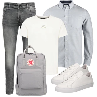 Outfit mit Grau/Dunkelgrau/Hellgrau Lederjacke/Biker Jeans/Slim Fit Jeans/Herren Lederjacke/Leder Schuhe/Jeans mit Schlitz/Low Rise Jean/Winterjacke Only & Sons "Cooles Alltagsoutfit"
