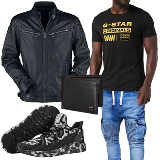 Outfit mit Schwarz/Dunkelblau/Dunkelgrau/Grau Kunstfaserjacke/Fliegerjacke/KunstLederjacke/Reitjacke/Bikerjacke/Jacke mit Seitlichem Reißverschluss/Motorradjacke Gipsy "Cooles Alltagsoutfit"