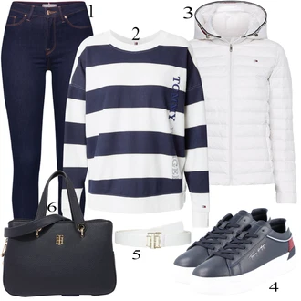 Jesenske Outfiti mit Temno modra Jeggings/Jeans Pajkice Tommy Hilfiger "Padajoča oblačila"