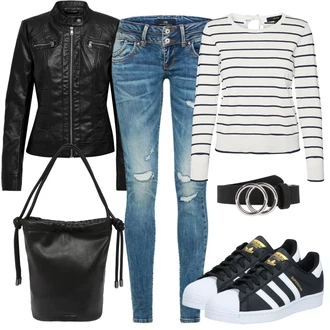 Outfit s Modrá/Tmavě modrá/Světle modrá Džíny s Dírou/Patchworkové Džíny/Kožená Pánská Bund LTB "Skvělý Podzimní Outfit"