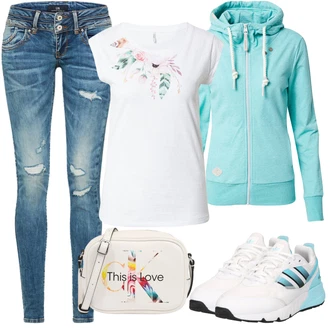 Outfit s Modrá/Tmavě modrá/Světle modrá Džíny s Dírou/Patchworkové Džíny/Kožená Pánská Bund LTB "Skvělý podzimní Outfit"
