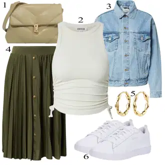 Outfit s Tmavě zelená 50tého Léta Sukně/Sukně do Délky Lýtka/Křesťanská Sukně/Sukně Pro Vysokou Školu/Italská Sukně/Středověká Sukně/Midi Sukně/Moderní Sukně/Plisovaná sukně/Vázací Sukně/Zimní Sukně About You "Ležérní Outfits"