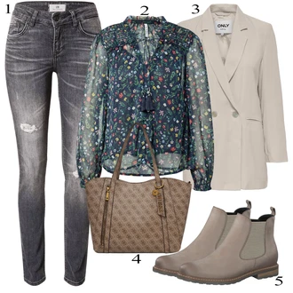 Outfit sa Bež/Siva/Smeđa Čizmica Kožna Jakna/Gumena Gležnjača/Ravna Gležnjača Tamaris "Outfit za slobodno vrijeme"