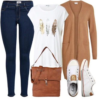 Outfit s Hnědá/Béžová Pletený Kabát/Kašmírový Kabát Vila "Ležérní Outfit"