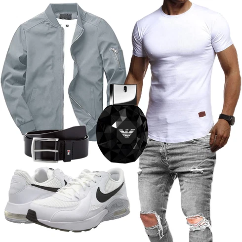 Grau/Hellgrau Frühlingsjacke/Kunstfaserjacke/Jacke mit Seitlichem Reißverschluss/Uniformjacke/Bomberjacke/Fliegerjacke KEFITEVD kombinieren mit T-Shirt Leif Nelson