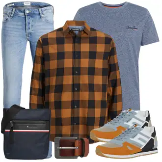 Outfit mit HellBlau/Blau Slim Fit Jeans/Lederjacke/Leder Schuhe/Push up Jeans/Low Rise Jean/Winterjacke/Jeans mit Schlitz/Regular-Fit Jeans/Knöchelstiefel/Herren Lederjacke/Schlupfjeans/Low Waist Jean/Tapered-Jeans Jack & Jones "Freizeit Outfit"