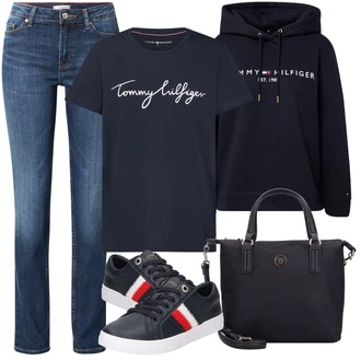 Nadrozměrné Outfit s Tmavě modrá Originální mikina/Svetr S Kapucí/Oversize mikina/Mikina/Unisex Mikina S Kapucí/Vintage mikina/Dámský Svetr/Svetr s kapucí/Sportovní mikina Tommy Hilfiger "Ležérní Outfit"Look: Mom, Nadrozměrné, Sportovní, Unisex, Univerzitní, Vintage, Hip Hop