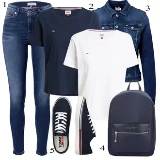 Western outfit mit Temno modra/Svetlo modra/Modra Denim Jakna/Kratka Denim Jakna/Vintage Jakna Tommy Jeans "Priložnostna oblačila"Look: Nor, Lak, 90. leta, Kul, Morski, Mom, Lepo, Univerzitetni, Western, Delovna oblačila, Retro