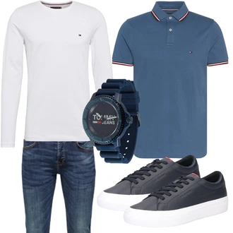Schmal Kurvige Outfit mit Weiß/Creme Bluse Große Größe/Shirt & Top Große Größe/Langarm-Shirt/Longshirt/Klassische Länge Tommy Hilfiger "Freizeit Outfit"