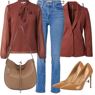 Outfit s Červená/Hnědá Zavazovací Halenka/Halenka s Mašlí About You "Ležérní Outfits"