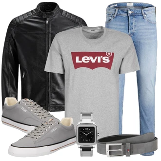 Große Größen Outfit mit Schwarz/Creme/Dunkelgrün Mantel/Lederjacke/Leder Bomberjacke/KunstLederjacke/Vintage Lederjacke/Bikerjacke/Motorradjacke Jack & Jones "Freizeit Outfit"