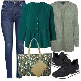 Výstřih na ramena Outfit s Zelená/Světle zelená/Tmavě zelená Pletenina veľkej veľkosti/Kabát VERO MODA "Ležérní Outfits"