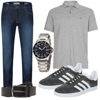 Outfit mit Grau/Hellgrau/Dunkelgrün/Schwarz/Dunkelgrau Vintage Sneaker/Schmaler Sneaker/Sneaker Low/Leder Sneaker Adidas Originals "Freizeit Outfit"