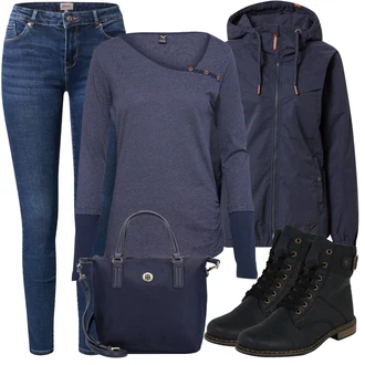Outfit s Černá/Tmavě Modrá/Modrá Kozačka Šněrovací Kotníková Bota/Klasická Kozačka/Kotníková Bota s Podšívkou/Bojová Bota/Plochá Kotníková Bota/Motorkářská bota Rieker "Podzimní Ležérní Outfit"