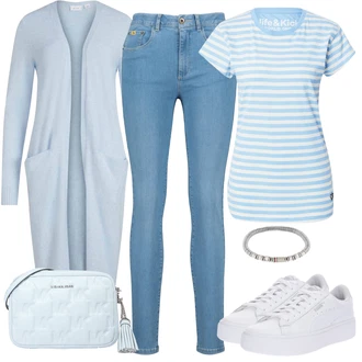 Outfit s Světle modrá/Modrá Kožená bunda/Dámské Džíny s Délkou 7/8/Slim Fit Džíny/Navlékací džíny/Džíny s Rozparkem/Kotníková Bota/Capri Džíny/Zkrácené Džíny/High Waist Džínové Kalhoty/Kožené Boty/Push up Džín Alife and Kickin "Podzimní Ležérní Outfit"
