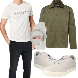Schmal Kurvige Outfit mit Creme/Weiß/Grün/Khaki Bluse Große Größe/Shirt & Top Große Größe/Funktions T-Shirt/T-Shirt Training/Ausgefallenes T-shirt/Kurzarm T-Shirt/Shirt/Print Shirt/Umstands T-Shirt/Casual T-Shirt/T-Shirt Mit Print Tommy Hilfiger "Lässiger Freizeit Look"