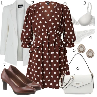 Outfit sa Crvena/Tamnosmeđa/Smeđa/Ljubičasta/Tamnocrvena Jesenska Haljina/Haljina na točkice river island "Moderni večernji outfit"