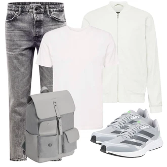 Outfit mit Grau/Hellgrau/Dunkelgrau Jeans mit Schlitz/Cropped Jeans/Girlfriend Jeans/Jeans mit Loch/Boyfriend Jean/Dad Jeans/Tapered-Jeans/Herren Lederjacke/Knöchelstiefel/Biker Jeans/Damen 7/8-Länge Jeans Only & Sons "Outfit für den Herbst"
