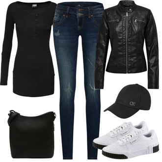Výstřih henley Outfit s Černá/Růžová/Hnědá/Červená Balónová košile/Pletený top About You "Podzimní Outfit"