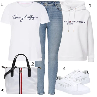 Outfit s Bílá/Krémová/Stříbrný/Šedá/Vícebarevný/Růžová Originální mikina/Svetr S Kapucí/Partnerská Mikina/Sportovní mikina/Mikina/Unisex Mikina S Kapucí/Vintage mikina/Dámský Svetr/Svetr s kapucí Tommy Hilfiger "Podzimní Outfit"