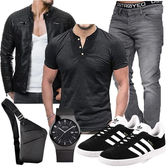 Outfit mit Schwarz Jacke mit Seitlichem Reißverschluss/Motorradjacke/KunstLederjacke/Bikerjacke Redbridge "Outfits für jeden Tag"