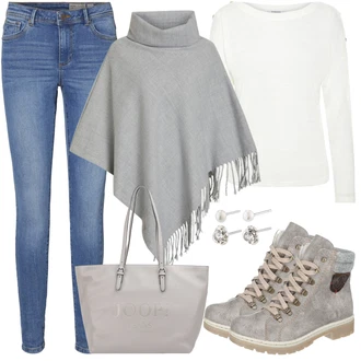 Outfit s Šedá Pončo Object "Skvělé pro podzim"