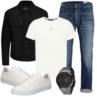 Outfit mit Blau/HellBlau Vintage Jeans/Dad Jeans/Boyfriend Jean/Damen 7/8-Länge Jeans/Tapered-Jeans/Formelles Hemd/Cropped Jeans/Winterjacke/Straight Leg Jean/Jeans mit Schlitz/Girlfriend Jeans/Sportschuhe Jack & Jones "Perfekt für die Freizeit"