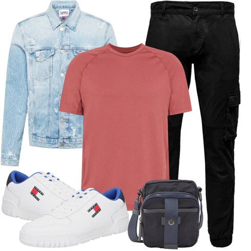 Rosa Casual T-Shirt Adidas Performance kombinieren mit Blau/Grau Jeansjacke Tommy Jeans
