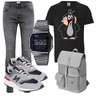 Outfit mit Grau/DunkelGrau/HellGrau Biker Jeans/Lederjacke/Leder Schuhe/Slim Fit Jeans/Thermojeans/Herren Lederjacke/Winterjacke/Jeans mit Schlitz/Low Rise Jean Only & Sons "Praktischer Look"
