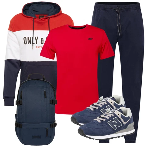 Sportlich Blau/Hellblau/Dunkelblau/Grau SchnürSchuh/Schnürer/Sneaker Low/Schmaler Sneaker/Vintage Sneaker/WalkingSchuh/Winter Sneaker New Balance kombinieren mit Schwarz Rucksack EastpakLook: Esthetische, Casual, Classic, Metal, Retro, Smart Casual, Sportlich, Unisex, Workwear, Schön, Outdoor
