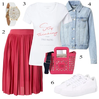 Outfit s Červená Batoh/Dlouhá tylová sukně/Dlouhý Zimní Kabát/Doplňek/Dlouhé Kardigany/Zvonová Kalhoty Tommy Jeans "Letní Outfit"