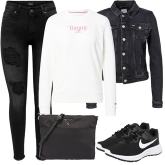 Outfit s Černá Dlouhé Šaty/Taška/Dlouhý Zimní Kabát/Doplňek/Dlouhá tylová sukně Guess "Podzimní sportovní Outfit"