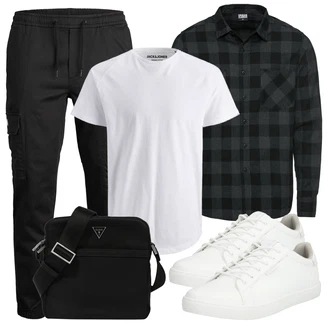 Coole Outfit mit Weiß/Creme Schmaler Sneaker/Sneaker Low/Leder Sneaker Jack & Jones "Street Style Outfit"Look: Uni, Sportlich, Trendige, Lack, Esthetische, Unisex, Löwe, Bad Taste, Casual, Coole