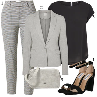 Karirani Outfit sa Siva Chino Hlače/Hlače Visokog Struka/Traper Jakna/Remen/Traperice Slim Kroja/Traperica Niskog Struka/Traperica Niskog Struka/Traperice Ravne Nogavice/Trapez Traperice Object "Biznis outfiti"