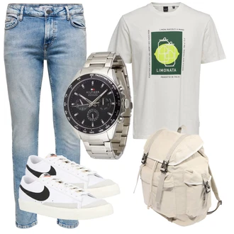 Sommer Outfit mit Hellblau/Blau Slim Fit Jeans/Girlfriend Jeans/Low Rise Jean/Boyfriend Jean/Tapered-Jeans/Dad Jeans/Biker Jeans/Straight Leg Jean/Vintage Jeans/Low Waist Jean/Herren Lederjacke/Jeans mit Schlitz Only & Sons "Super für die Freizeit"
