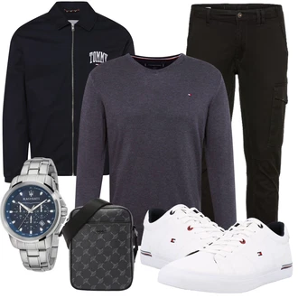 Outfit mit Schwarz/Khaki/Dunkelgrau Cargohose/Funktionshose/Zip Off Hose/Cargo-Jogginghose/Trekkinghose/Winterhose Jack & Jones "Toller Look für die Freizeit"