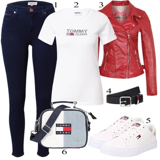Preproste outfit mit Modra/Temno modra Usnjena Jakna/Kavbojke Visokega Pasu/Kavbojke z Razporkom/Push up Kavbojke/Usnjene Čevlje/Termodžinsi/Zimska jakna Tommy Jeans "Padajoča oblačila"Look: Nor, Stil, 90. leta, Kul, Francoski, Lepo, Stari denar, Preproste