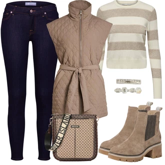 Outfit s Šedá/Hnědá/Béžová Kozačka Chelsea Boty/Kožená bunda/Kotníková Bota s Podšívkou/Gumová Kotníková Bota Tamaris "In Trendy Podzimní Outfit"