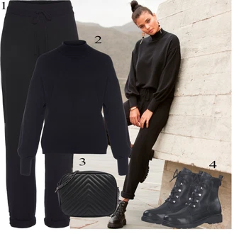 Outfit s Černá/Tmavě modrá Teplák Kožená Pánská Bund/Fleecová Kalhoty/Tréninková Kalhoty/Žerzejová Kalhoty/Sportovní kalhoty střední délky/Navlékací Kalhoty Lascana "Perfekt na podzim"