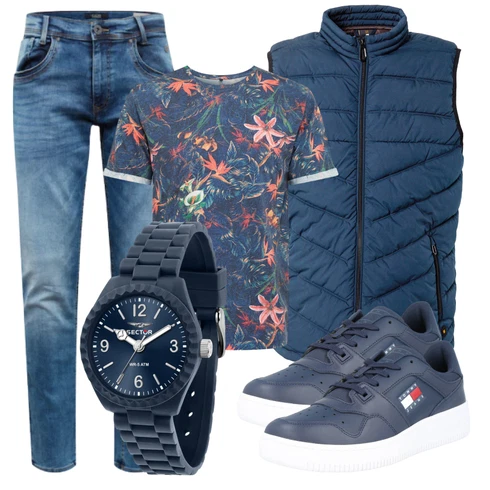 Mischfarben/Blau/Dunkelblau Bluse Große Größe/Shirt & Top Große Größe/Print Shirt/T-Shirt Mit Print/Ausgefallenes T-shirt/Kurzarm T-Shirt Key Largo kombinieren mit Schwarz Uhr SECTOR