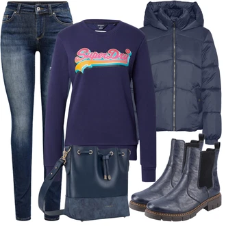 Outfit s Černá/Modrá Mikina s kapucí Mikina/Móda Pro Plnoštíhlou Superdry "Podzimní výrazný vzhled"