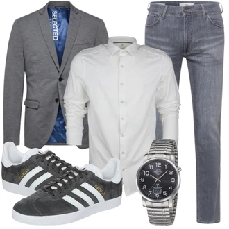 Outfit mit Grau/Hellgrau/Dunkelgrün/Schwarz/Dunkelgrau Vintage Sneaker/Schmaler Sneaker/Sneaker Low/Leder Sneaker Adidas Originals "Büro Outfit"