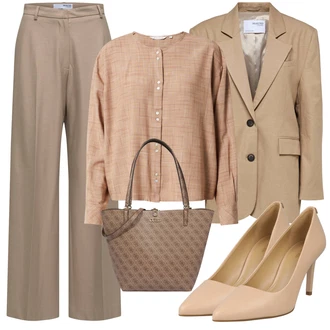 Outfity pro práci s Hnědá/Šedá/Khaki/Béžová Marlene Kalhoty/Kalhoty se Štěrbinou/Plisovaná kalhoty/Široká Kalhoty/Mušelínové kalhoty/Kalhoty s nášivkou uprostřed/Culotte Kalhoty/Palazzo Kalhoty/Plisovaná Kalhoty/Paperbag Kalhoty/Kalhoty s Vysokým Pasem SELECTED FEMME/Selected "Podnikatelský Vzhled"